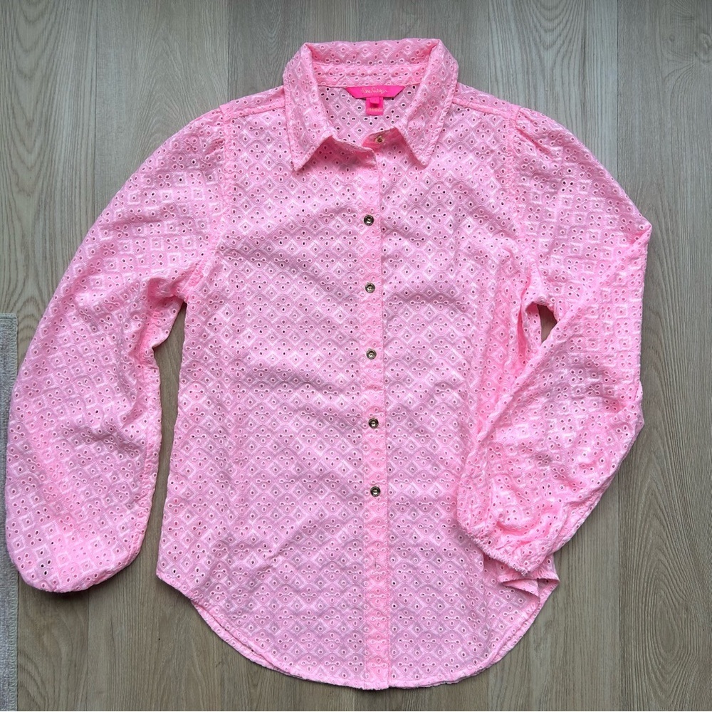 Lilly Pulitzer Pink Sea Breeze Eyelet Button Down Blouse